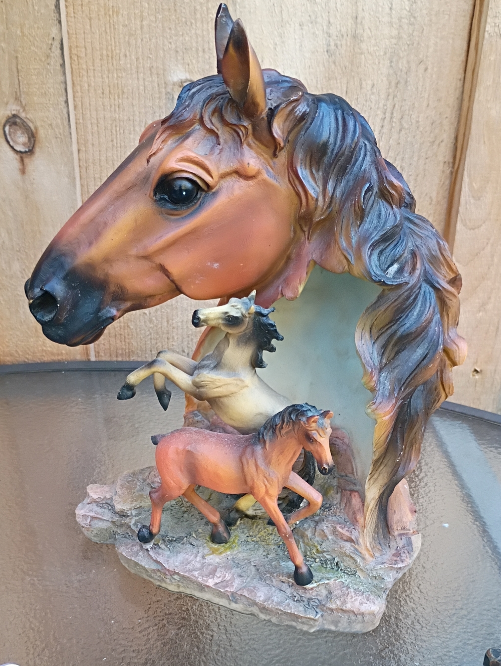Lighted Brown Horse Head Sculpture with Foals - Home Art